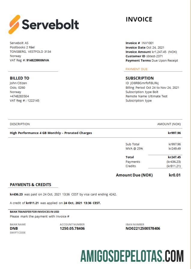 Fatura da empresa de hospedagem de alto desempenho Servebolt da Noruega exemplo real